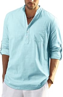 Enlision Men's Linen Solid Henley Shirts Casual Long Sleeve Summer Mao Classic Beach Shirt