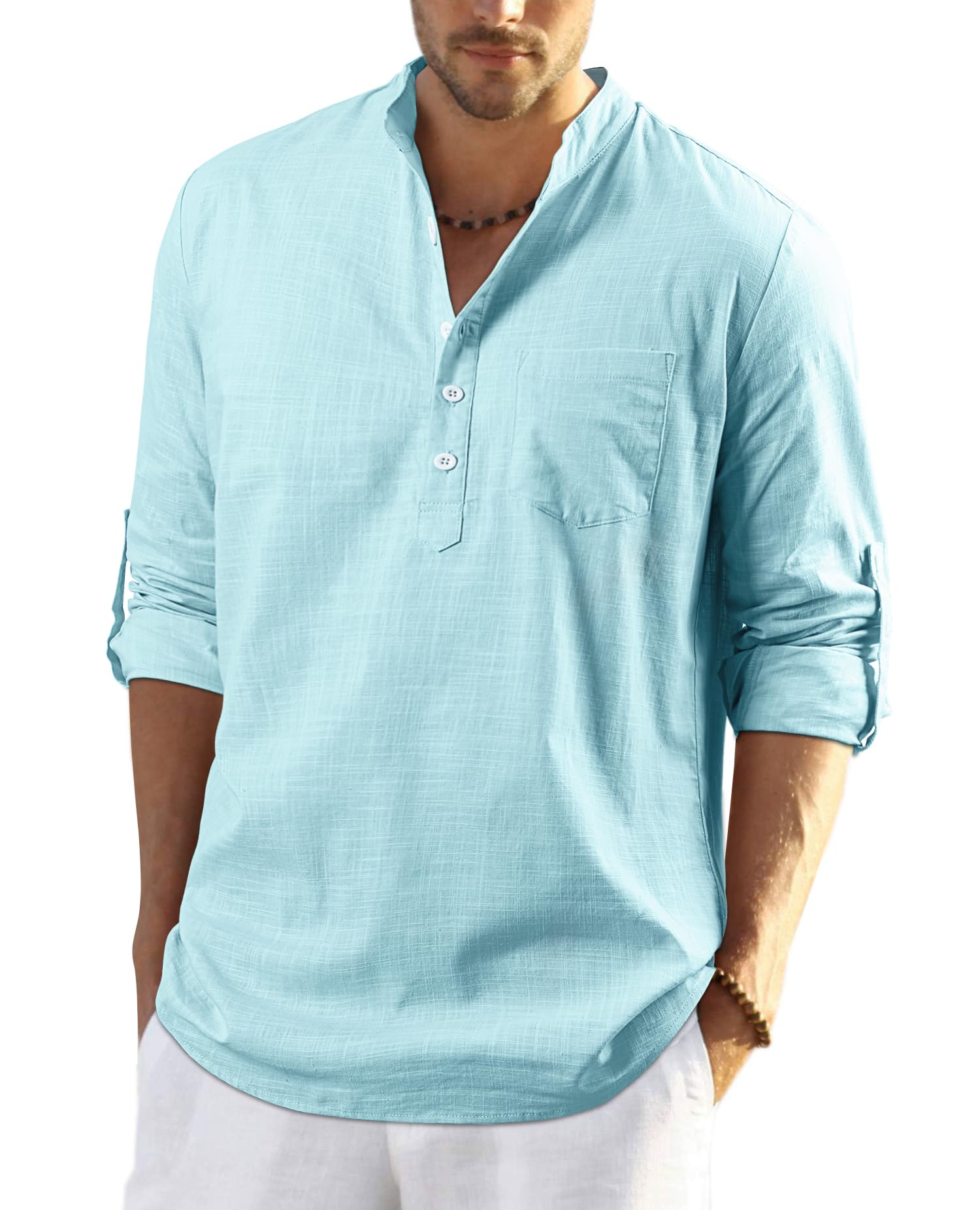 Enlision Men's Linen Solid Henley Shirts Casual Long Sleeve Summer Mao Classic B
