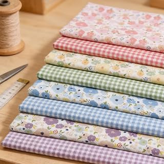 8 Pieces 10x10 Inch Twill Fabric, Spring Green Floral Print Pre-Cut Patchwork Fabric for Quilting, Sewing and Home Decor