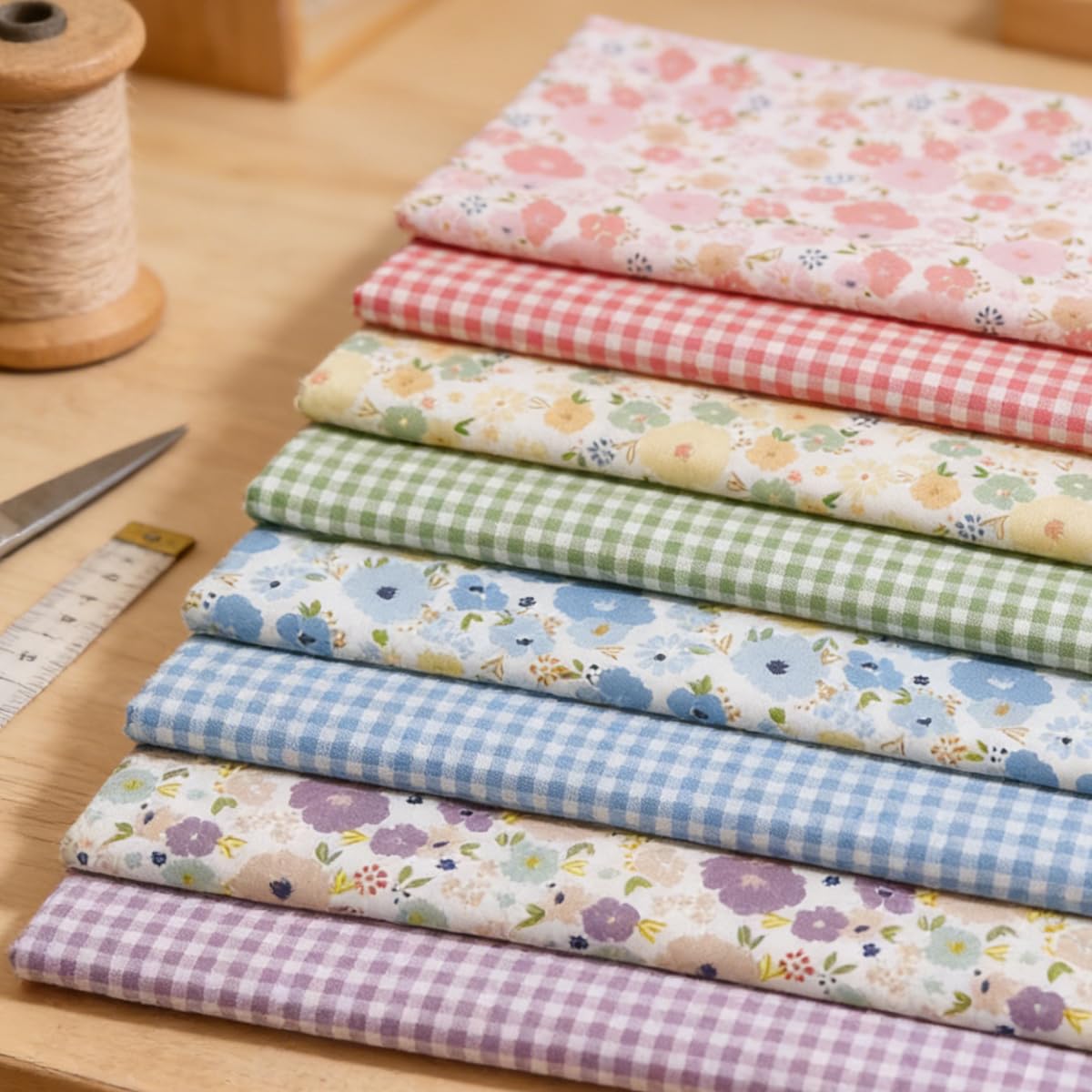 8 Pieces 10x10 Inch Twill Fabric, Spring Green Floral Print Pre-Cut Patchwork Fa