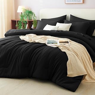 CozyLux Queen Comforter Set Black, 7 Pieces Bed in a Bag | 240GSM Lightweight Comforter 88"x88", 14" Deep Pocket Fitted Sheet, Flat Sheet, 2 Pillowcases & 2 Shams, OEKO-TEX Certified