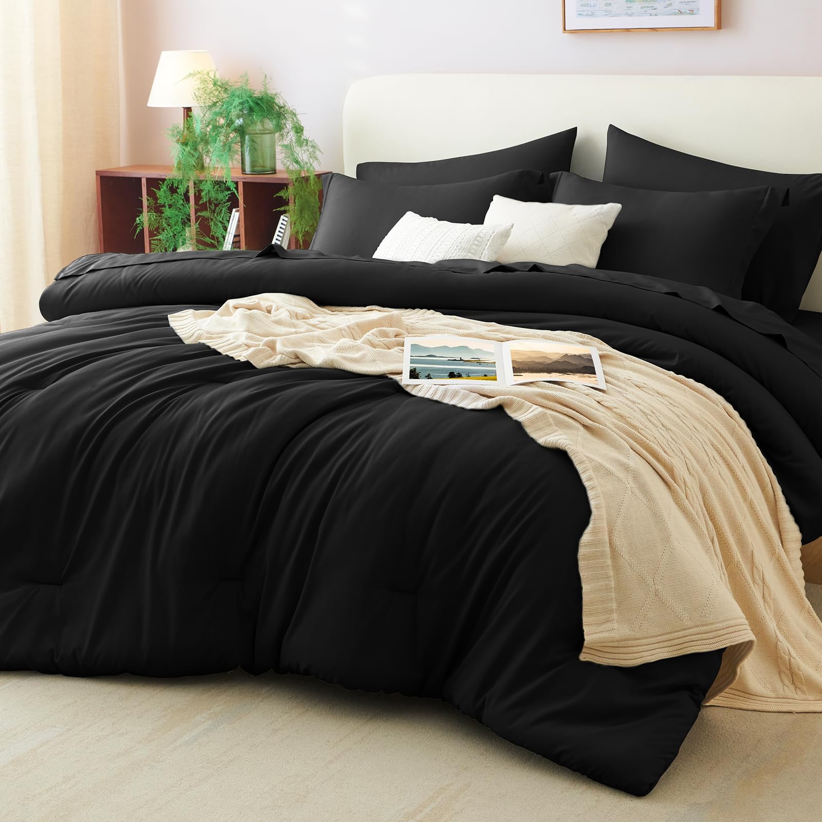 CozyLux Queen Comforter Set Black, 7 Pieces Bed in a Bag | 240GSM Lightweight Co
