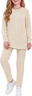 Arshiner Girls 2 Piece Outfits Rib Knit Sweatshirt and Sweatpants Sweatsuit