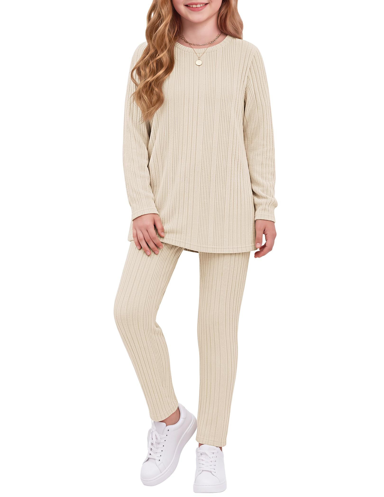 Arshiner Girls 2 Piece Outfits Rib Knit Sweatshirt and Sweatpants Sweatsuit