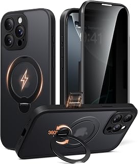 BERFY Custodia per iPhone 16 Pro Max con supporto magnetico girevole a 360°, compatibile con MagSafe, pellicola protettiva per la privacy integrata e anello di supporto, custodia opaca traslucida per