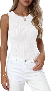 PRETTYGARDEN Canotte estive a righe a collo alto per le donne Maglioni senza maniche Casual Magliette aderenti in maglia a coste di base