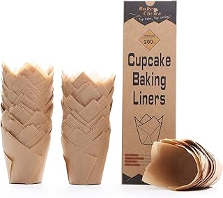 Bake Choice 200pcs Natural Tulip Cupcake Liners for Baking Muffin Liners | Unbleached European Parchment Paper, Heat-resistant, Greaseproof, Cupcake Wrapper for Party, Christmas, Gift