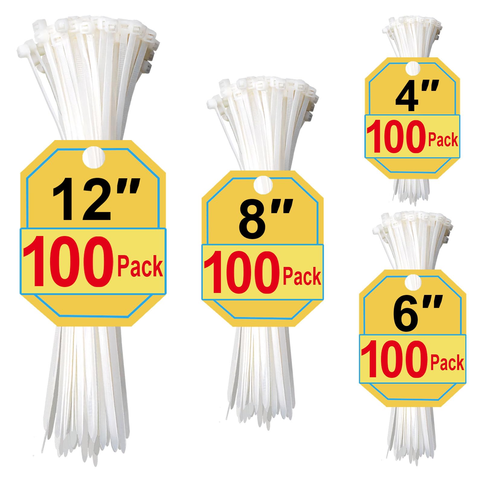 White Zip Ties Assorted Sizes 4+6+8+12 Inch, 400 Pack, Clear Zip Ties, White Cab
