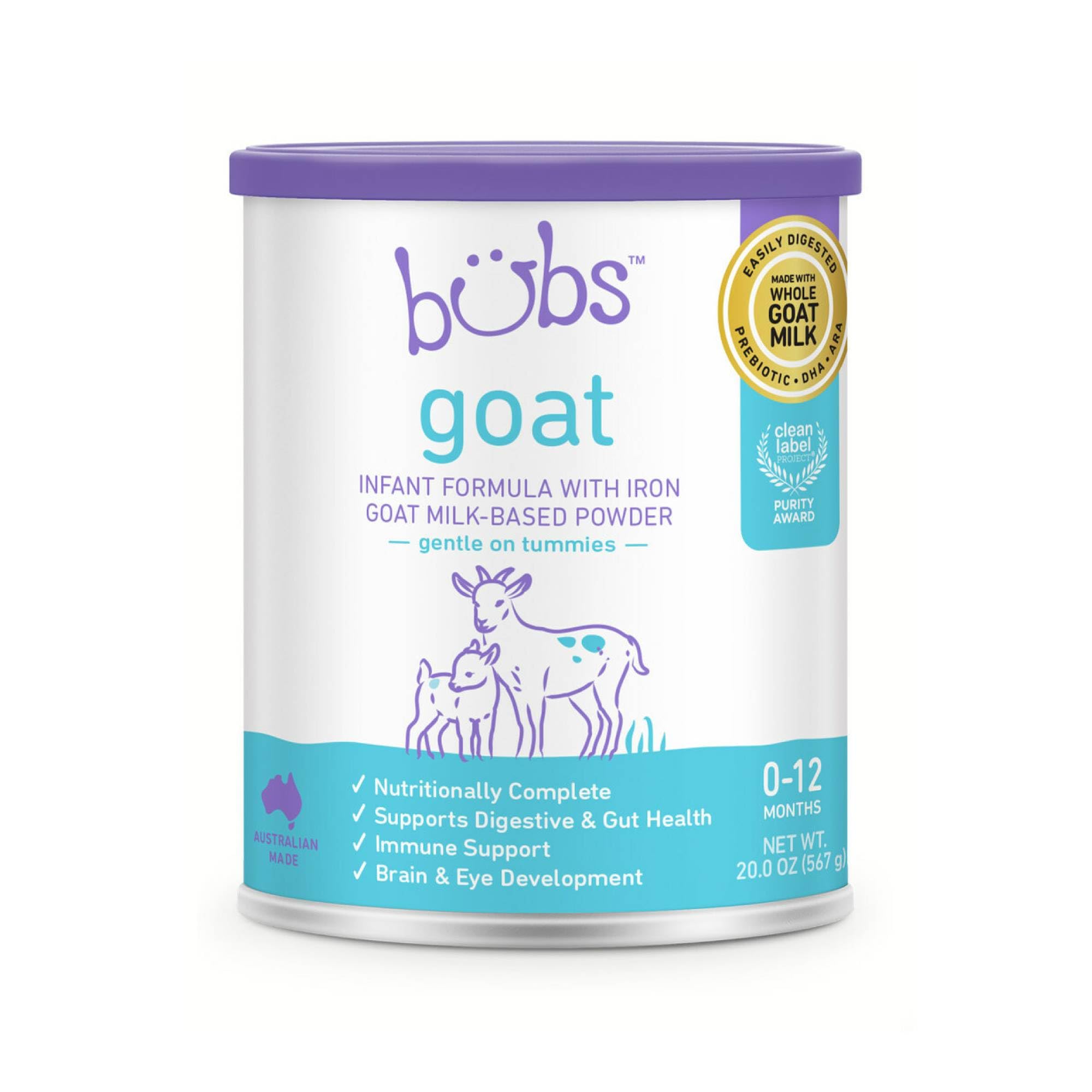 Bubs Whole Goat Milk Infant Formula for 0-12 Months, Non-GMO Milk, 20 oz | Goat 