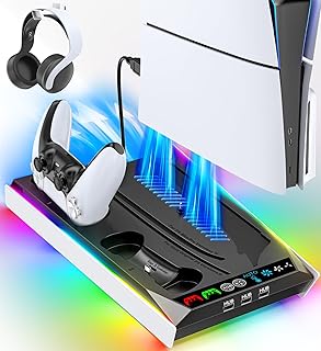 PS5/Slim/Pro Stand for Disc & Digital Console, PS5 Cooling & Charging Station with RGB Lights, PS5 Controller Charger Built-in 3 Level & AUTO Adjustable Fan, Accessories for PlayStation 4 Chargers