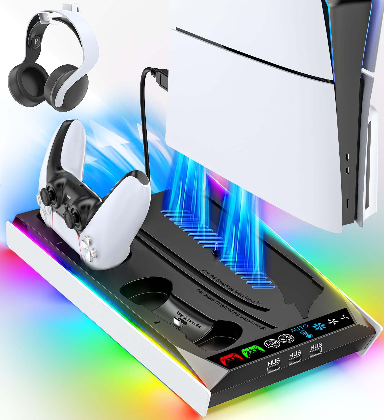 PS5/Slim/Pro Stand for Disc & Digital Console, PS5 Cooling & Charging Station wi