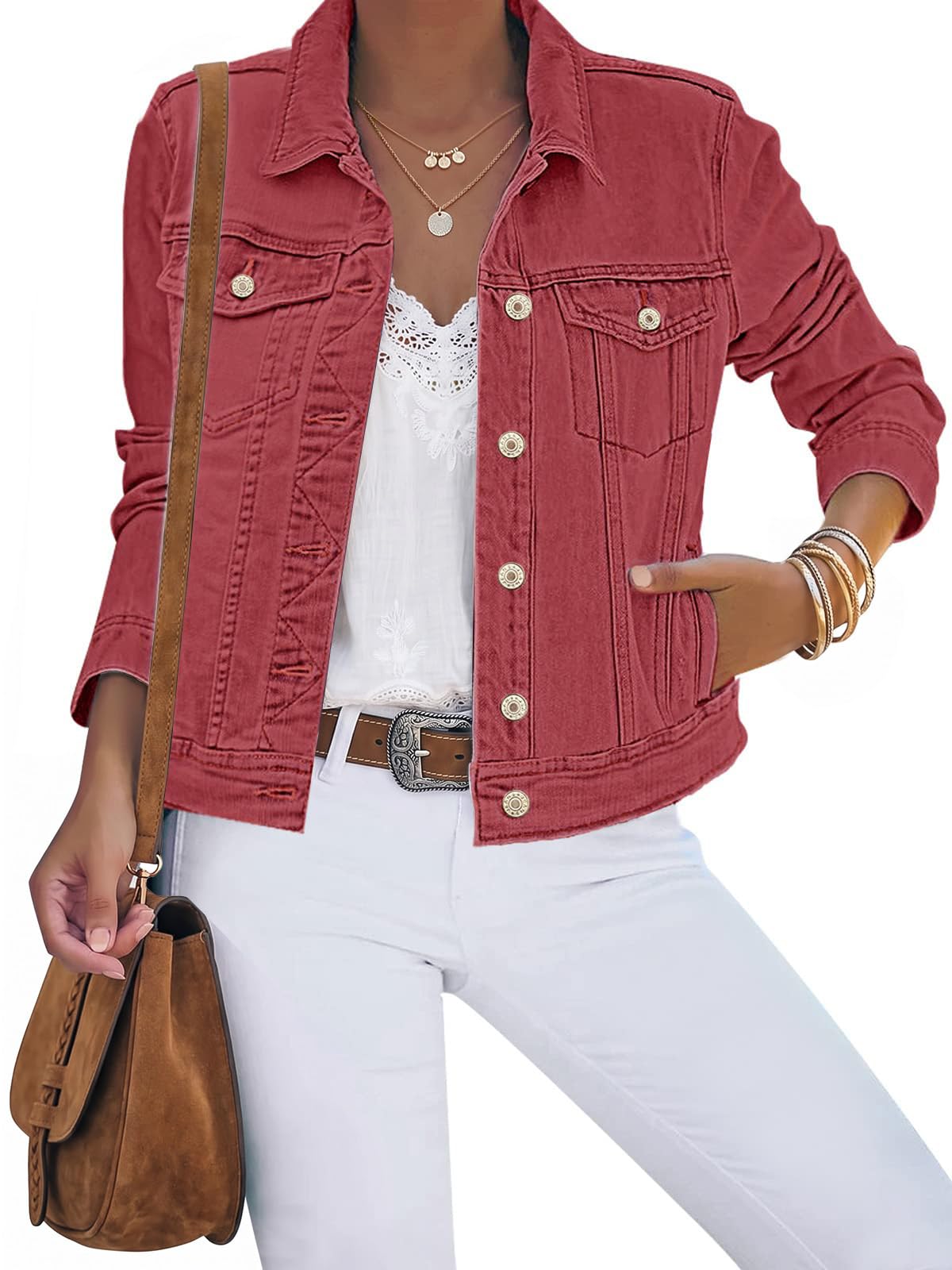 luvamia Women's Basic Button Down Stretch Fitted Long Sleeves Denim Jean Jacket