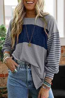 Color Block Women Shirt Long Sleeve Autumn Tops Oversized Trendy Round Crew Neck Casual Blouse