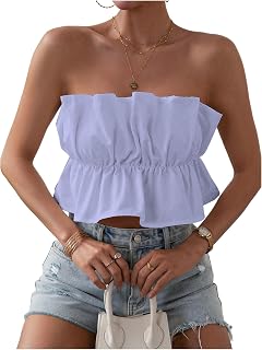 GORGLITTER Women's Ruffle Bubble Tube Tops Strapless Bandeau Peplum Shirts