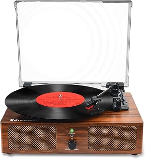 Udreamer Vinyl Record Player Wireless Turntable with Speakers & USB, Brown | Bluetooth Input Headphone Jack RCA Output Auto Stop Belt-Driven 3 Speed Vintage Phonograph for Entertainment and Home Decor