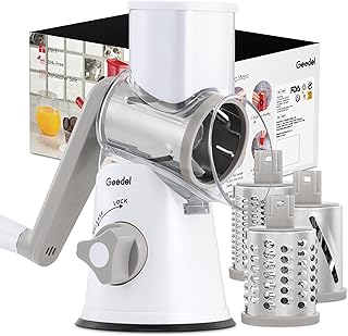 Geedel Rotary Cheese Grater Hand Crank, Cheese Shredder Vegetable Slicer | 3 Blades, 430 Stainless Steel, 12x Fast Cutting, Strong Suction Base, No BPA, Dishwasher Safe, for Cheese, Veggie, Nut