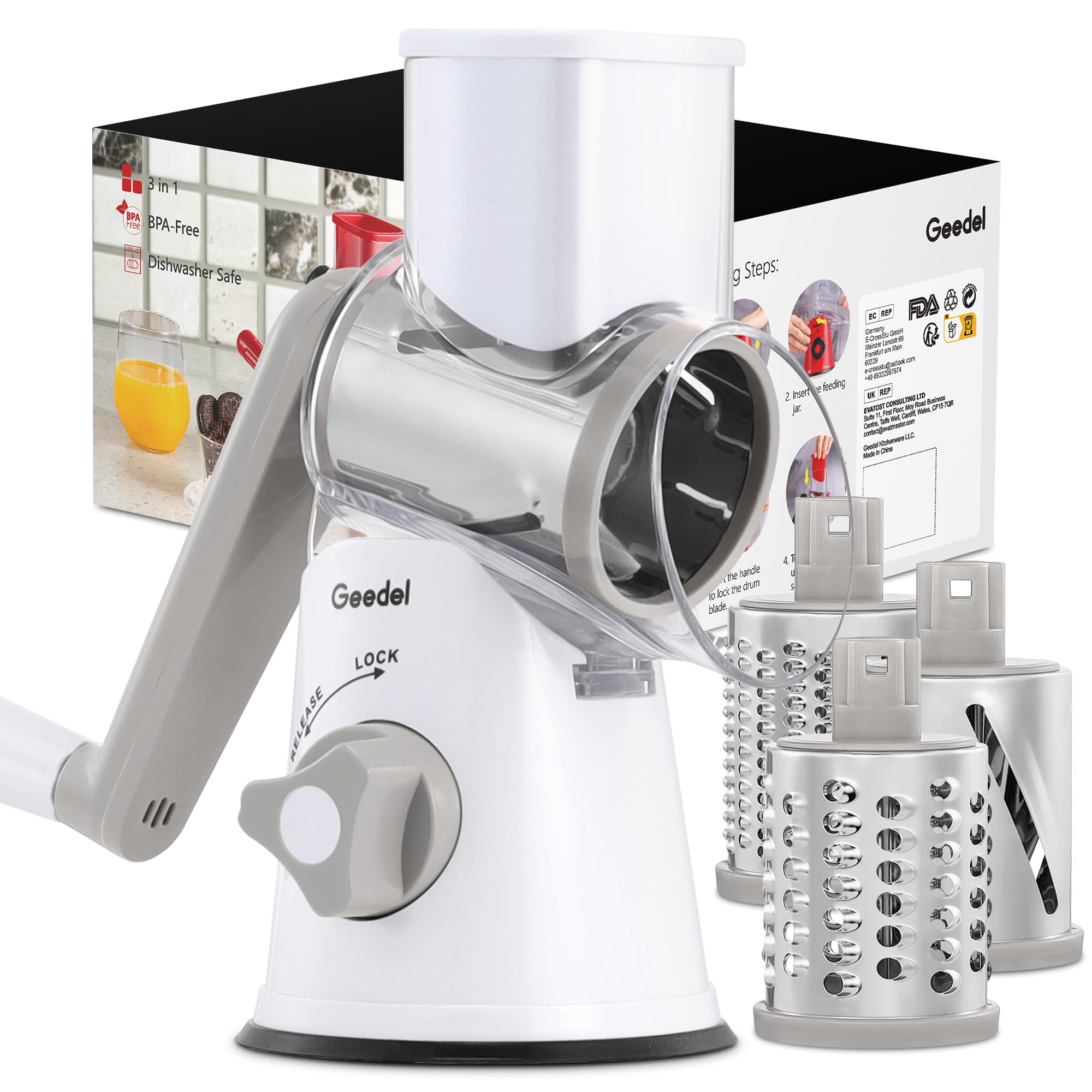 Geedel Rotary Cheese Grater Hand Crank, Cheese Shredder Vegetable Slicer | 3 Bla