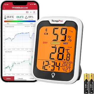 TempPro TP358 Bluetooth Hygrometer, Room Thermometer, Indoor Thermometer | Built-in Clock, Swiss-made Sensor with Backlit and Notification Alert, for Baby Room, Garden, Office(Previously ThermoPro)