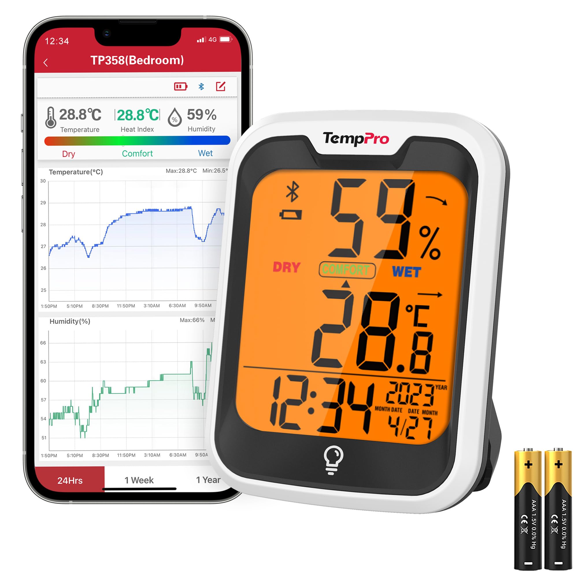 TempPro TP358 Bluetooth Hygrometer, Room Thermometer, Indoor Thermometer | Built