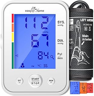 easy@Home Blood Pressure Monitor for Home Use - Upper Arm Cuff EBP-095 | Automatic Tensiometer, 3-Color Backlit Hypertension Display, 2 Users, Free MyHeartPal App Scan