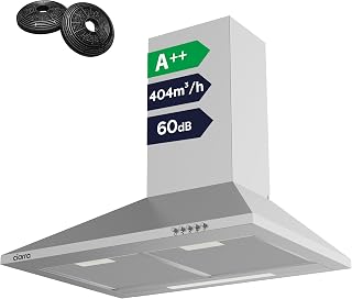 CIARRA CBCS6201 60cm Chimney Cooker Hood, 404m³/h, Class A++, Wall Mounted | Carbon Filters Included, Recirculating or Ducting Extractor Fan Kitchen, Push Button Control, Silver, Low Noise, LED Light