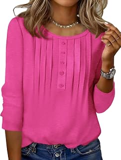 Zeagoo 3/4 Sleeve Women Tops Round Neck Casual Summer Tunic Tops Basic Tees Blouses Elegant Pleated T-Shirts