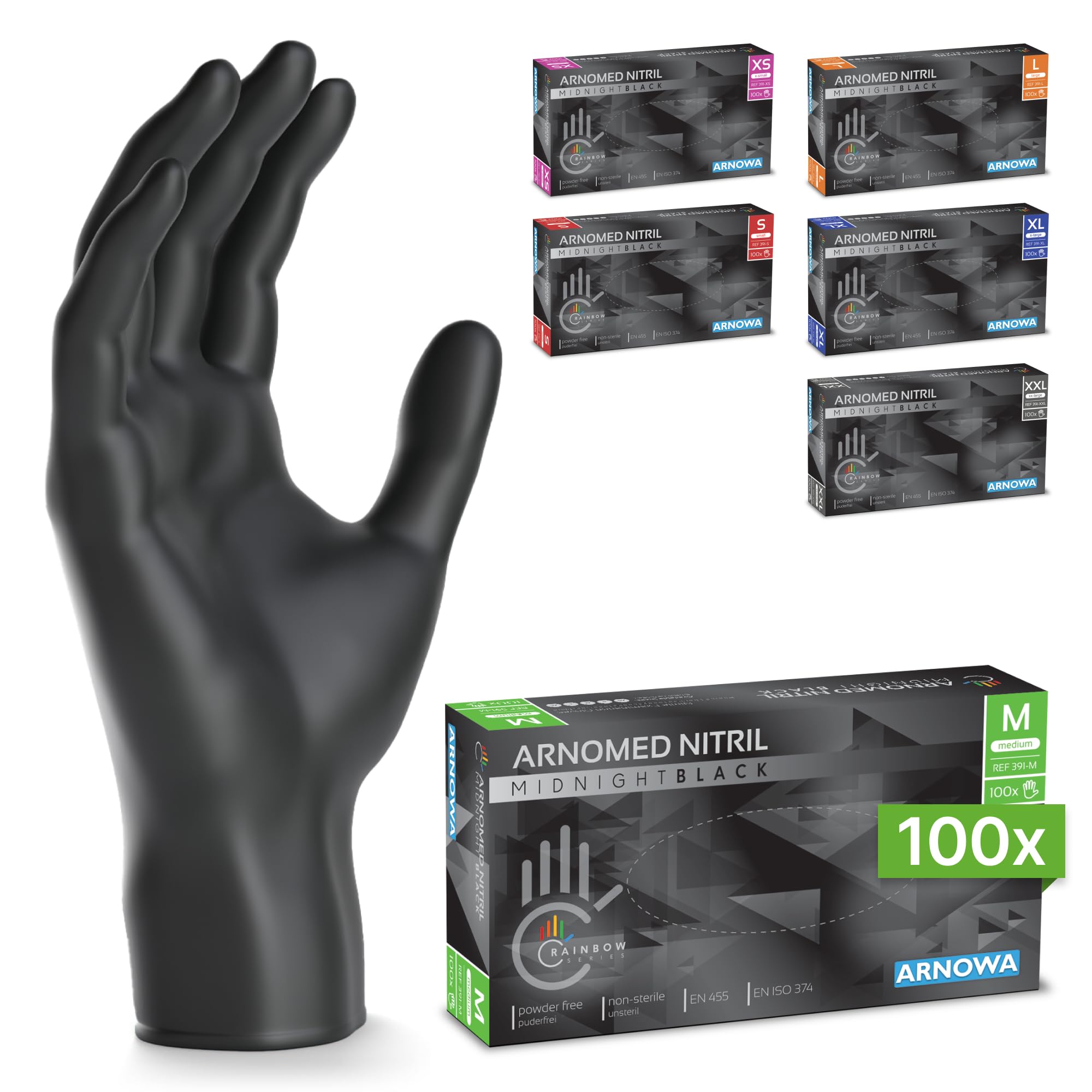 100 x ARNOMED® Nitrile Gloves Size M Black, Disposable Surgical and Laboratory G