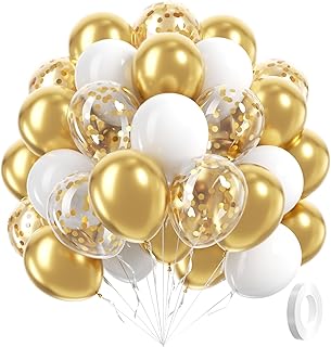 60pcs Gold and White Balloons 12inch with Metallic Gold Confetti Balloons | Wedding, Engagement, Baby Shower, Birthday Party Decorations