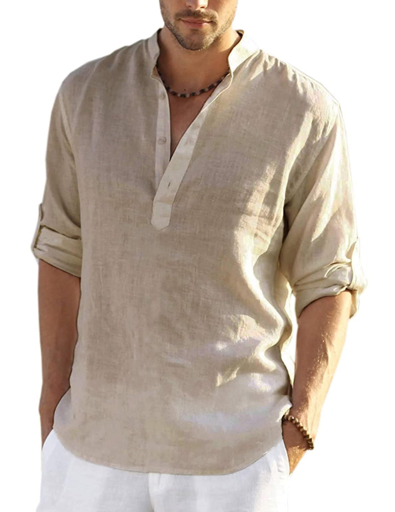 COOFANDY Men's Long Sleeve Henley Shirt Linen Shirt Casual Summer Shirt Regular 