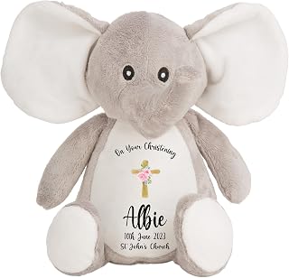 Crafted Memories Personalised Baptism Elephant Plush Toy | Customisable with Name & Church Details | Suitable for Baby Girl or Boy | Christening Present | Grey or White