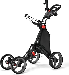 DORTALA Golf Push Pull Cart, Lightweight Folding 4 Wheels Golf Push Cart, Golf Trolley with Waterproof Bag & Foot Brake, Free Cup & Adjustable Umbrella Holder, Height-adjustable Handle, Quick Open and Close
