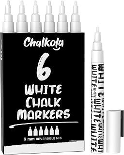 Chalkola 6 White Dry Erase Chalk Pens - Chalk Markers for Blackboard, 3mm | Fine Point Liquid White Chalkboard Pens for Window, Bistro, Car Glass, Board, Signs - 3mm Reversible Bullet & Chisel Tip
