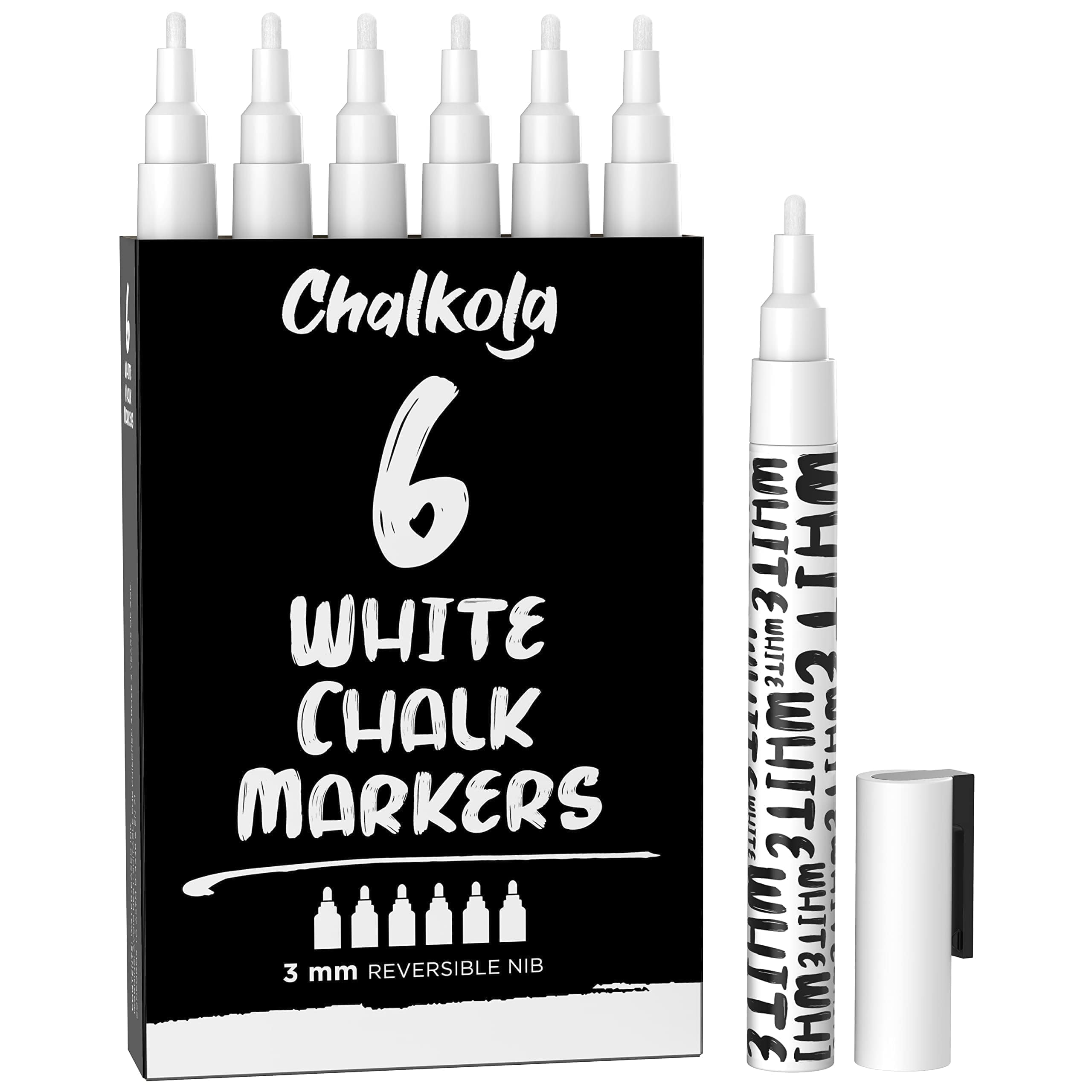 Chalkola 6 White Dry Erase Chalk Pens - Chalk Markers for Blackboard, 3mm | Fine