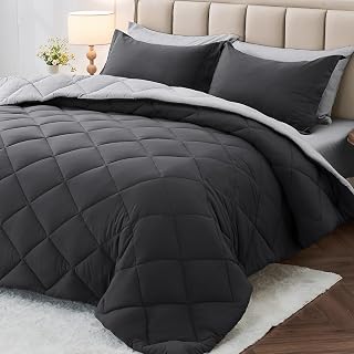 Full Comforter Set 7 Pieces, Reversible Bed in a Bag, Dark/Light Grey