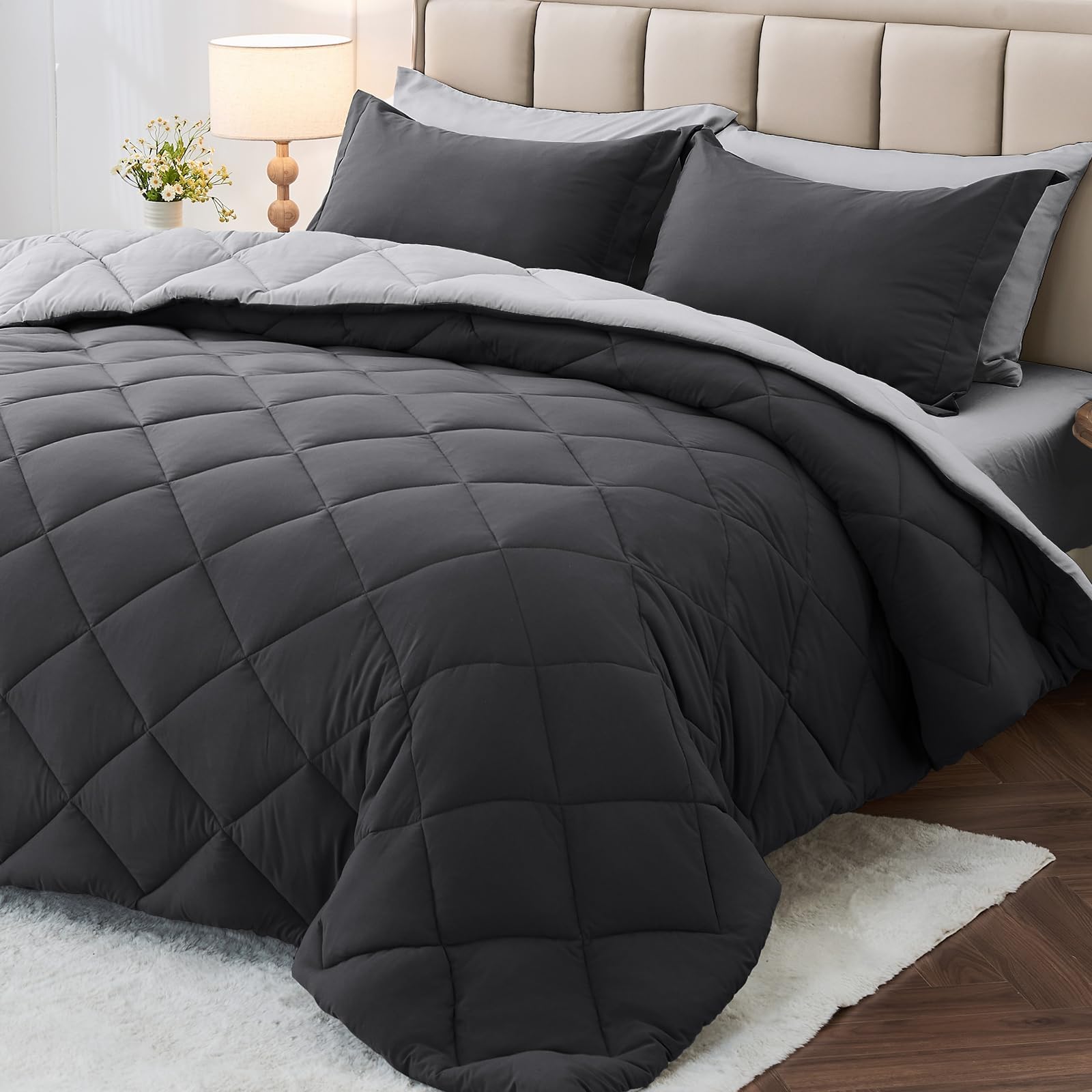 Full Comforter Set 7 Pieces, Reversible Bed in a Bag, Dark/Light Grey