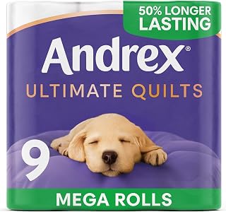 Andrex Ultimate Quilts Toilet Roll - 9 Mega Toilet Rolls | = 13.5 Standard Toilet Rolls, 3-Ply, Soft, Thick Sheets, FSC Certified