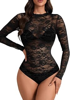Rooscier 女性用花柄レースシアーセクシーボディスーツ