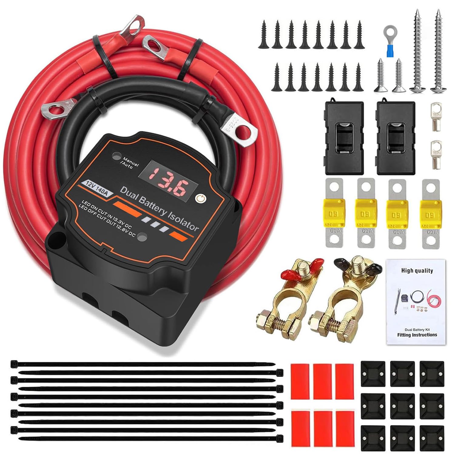 5M 12V 140 Amp Split Charge Relay Kit,LED Display VSR Dual Isolator Battery | Sm