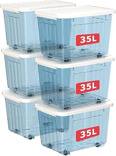 Cetomo 35L*6 Plastic Storage Boxes with Wheels, Lidded Storage Box with Secure Side Latches, PP Nestable and Stackable Clear Organizer for Home, Office, Moving, Transparent Blue, 35L-6 Pack
