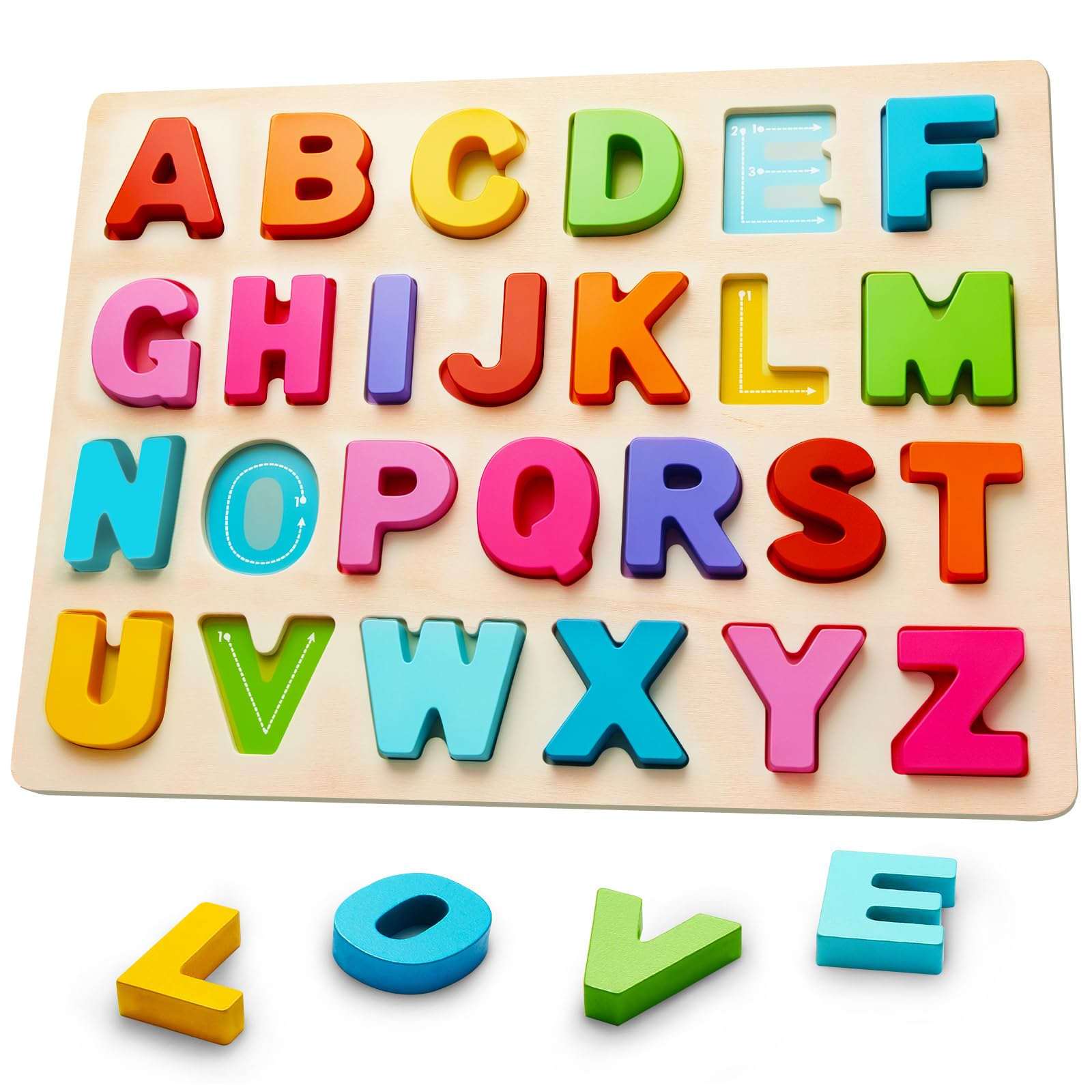 JOLSNAF Wooden Alphabet Puzzles, ABC Learning Toys for Toddlers | Thick Easy-Gri