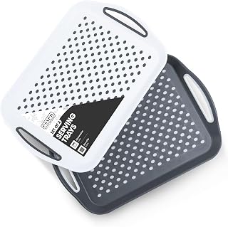 Essen 2-Pack Serving Tray Set – Non-Slip Lap Boards with Grip Handles, Ideal for Food Prep, Tea, Breakfast in Bed – Plastic Tray for Stable Dining – Dishwasher Safe (Grey/White)