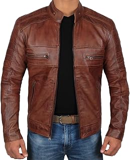 Decrum Mens Leather Jacket - Real Lambskin Cafe Racer Motorcycle Style Leather Jackets for Men