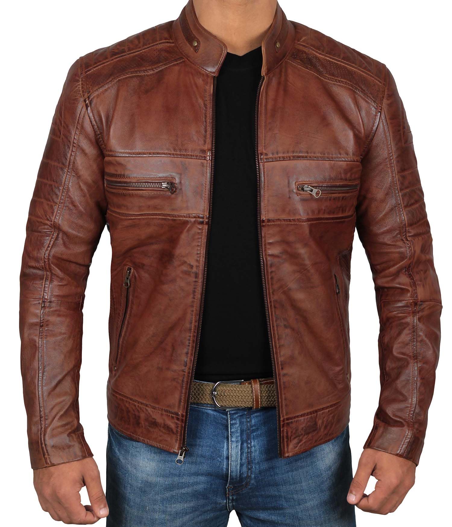 Decrum Mens Leather Jacket - Real Lambskin Cafe Racer Motorcycle Style Leather J