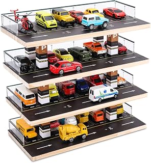Saichotoy Display Case for Hot Wheels, 4-Level 1/64 Wooden Garage Storage | 4-Level Toy Car Storage Garage for Hot Wheels & Matchbox, 1/64 Display with 24 Spots Holds Up to 40 Cars, Cars Not Included