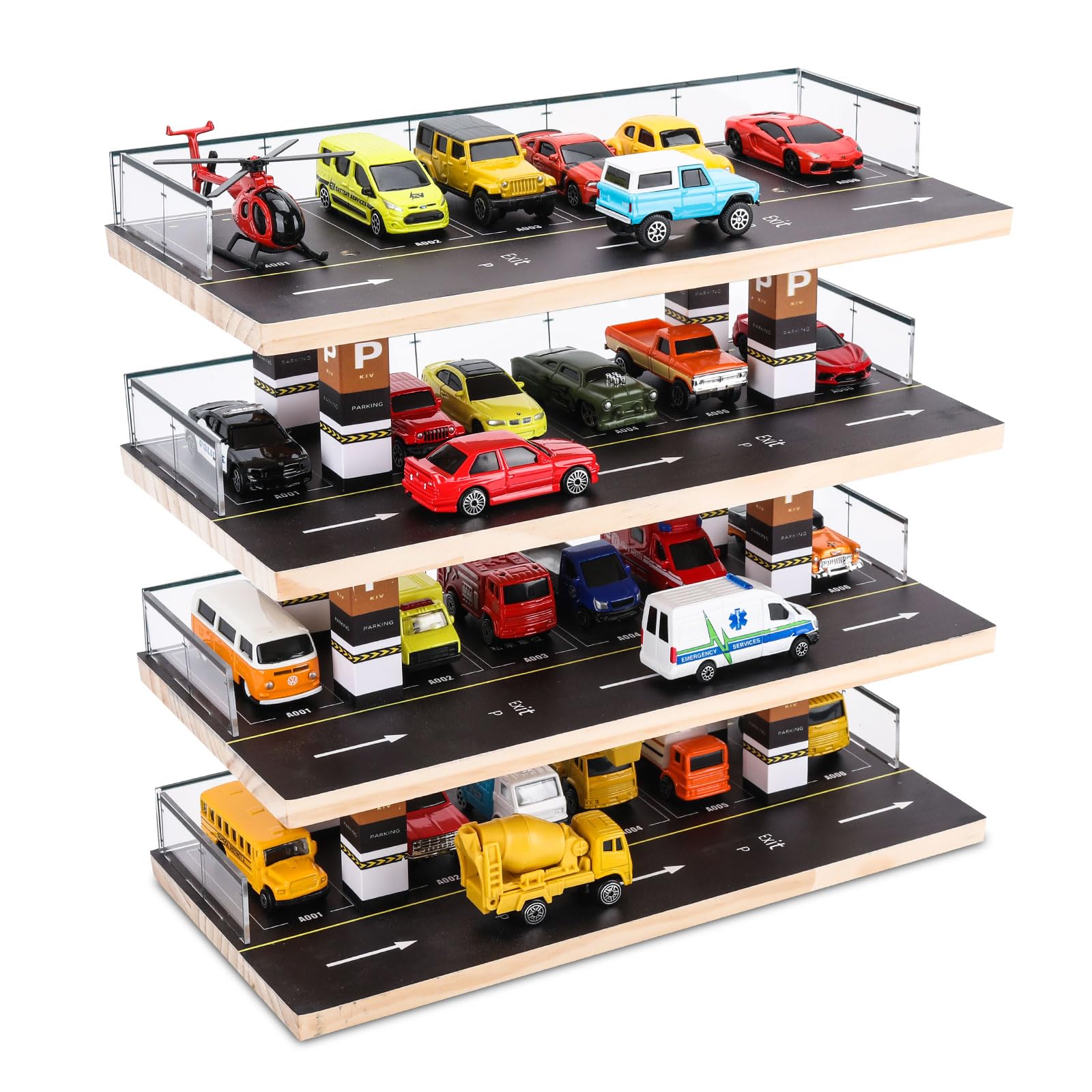 Saichotoy Display Case for Hot Wheels, 4-Level 1/64 Wooden Garage Storage | 4-Le