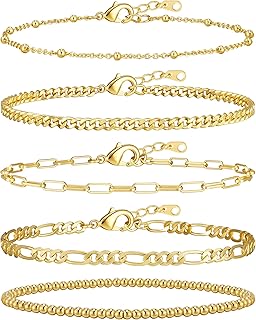adoyi Gold Bracelets for Women, 14K Gold Plated Stackable Bracelet Stack Set Adjustable Charm Paperclip Chain Cuban Link Layered Waterproof Jewelry Sets Gifts for Womens 6.5 Inch