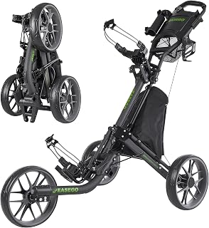 EASEGO Golf Push Cart 3 Wheel : Golf Caddy Pull Cart, One Click Folding Golf Bag Cart Lightweight Compact Golf Trolley with Cooler Bag, Umbrella, Cup & Phone Holder for Different Terrain