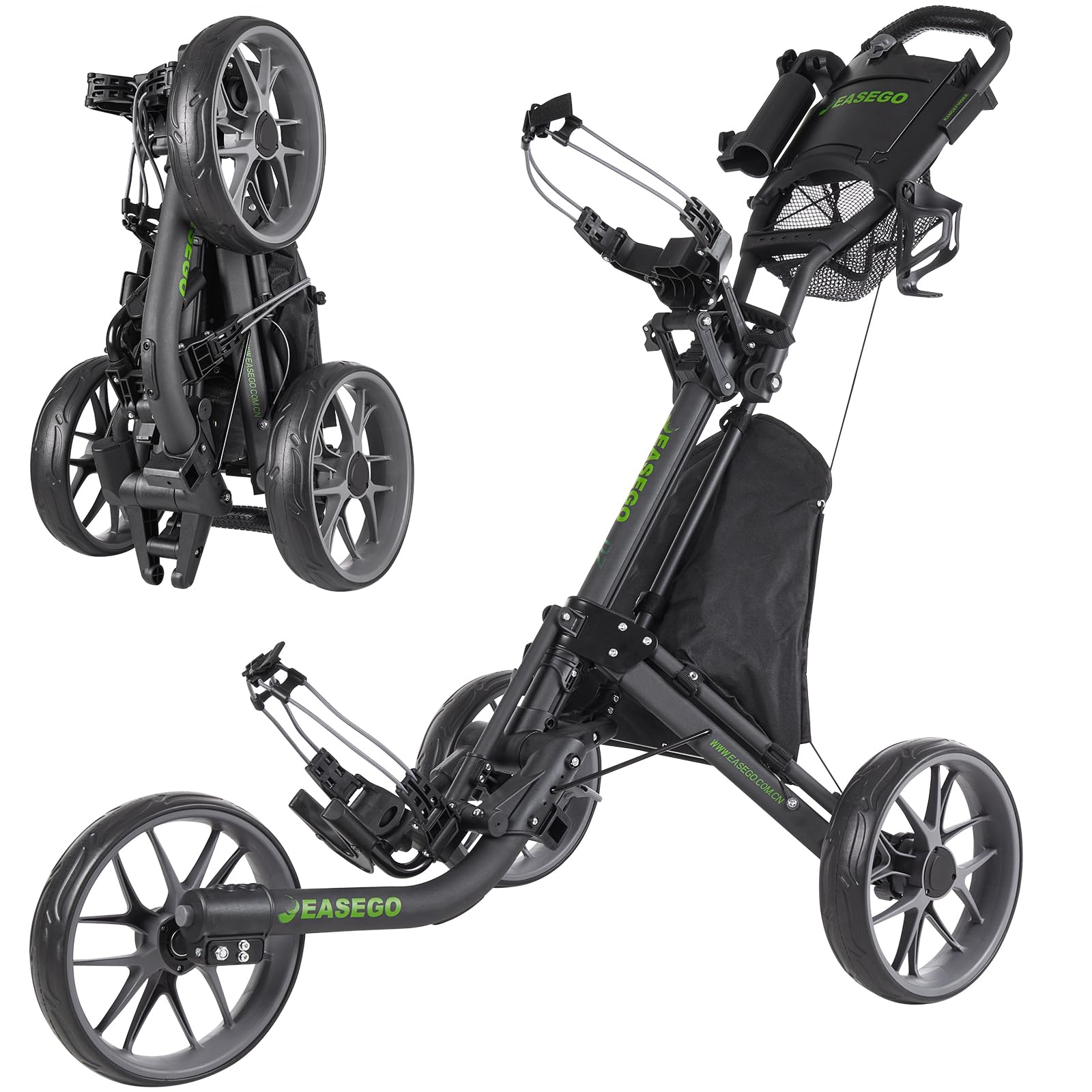 EASEGO Golf Push Cart 3 Wheel : Golf Caddy Pull Cart, One Click Folding Golf Bag