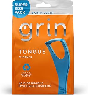 GRIN Tongue Cleaner, 48 Count, Disposable Tongue Cleaner, Hygienic Scraper, Recycled Plastic, Clean Tongue, Promote Fresh Breath, Includes Safe Fold- Back Tooth Pick