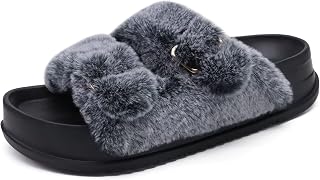KuaiLu Women's Orthopaedic Plush Warm Slides Sandals with Soft Footbed, Cuddly Arch Support, Fluffy Slippers, Open Toe, Summer, Winter, Size 36-43